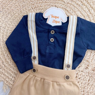 Conj. Body Manga Longa e Calça Saruel com Suspensório - Marinho